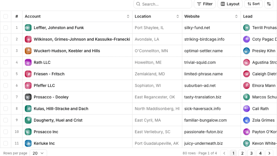 CRM customers table with sorting, filtering, and column controls